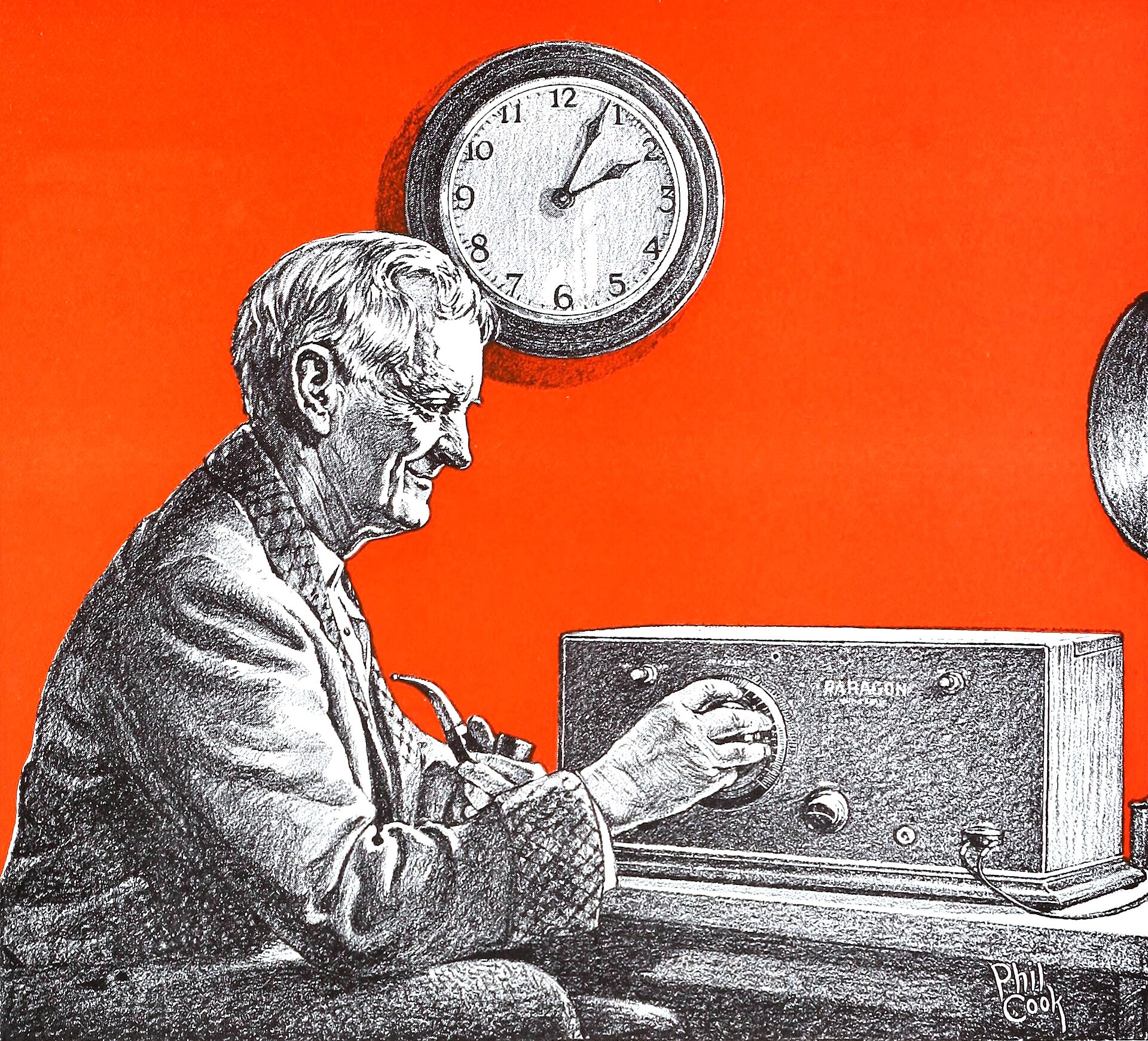 Engraving of an old man tuning a radio while the clock on the wall reads two in the morning